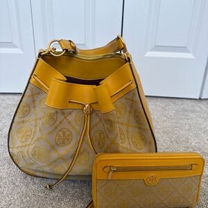 Tory Burch Bucket Jacquard Canvas Yellow Leather Trim Bag with matching Wallet